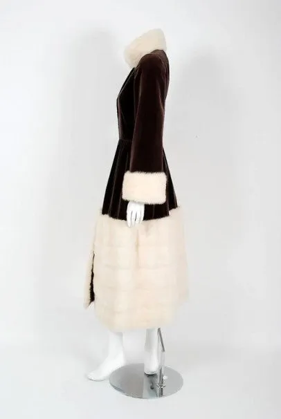 1970 Norman Norell Documented Brown Velvet & Ivory-White Mink Fur Princess Coat