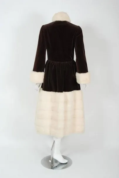 1970 Norman Norell Documented Brown Velvet & Ivory-White Mink Fur Princess Coat