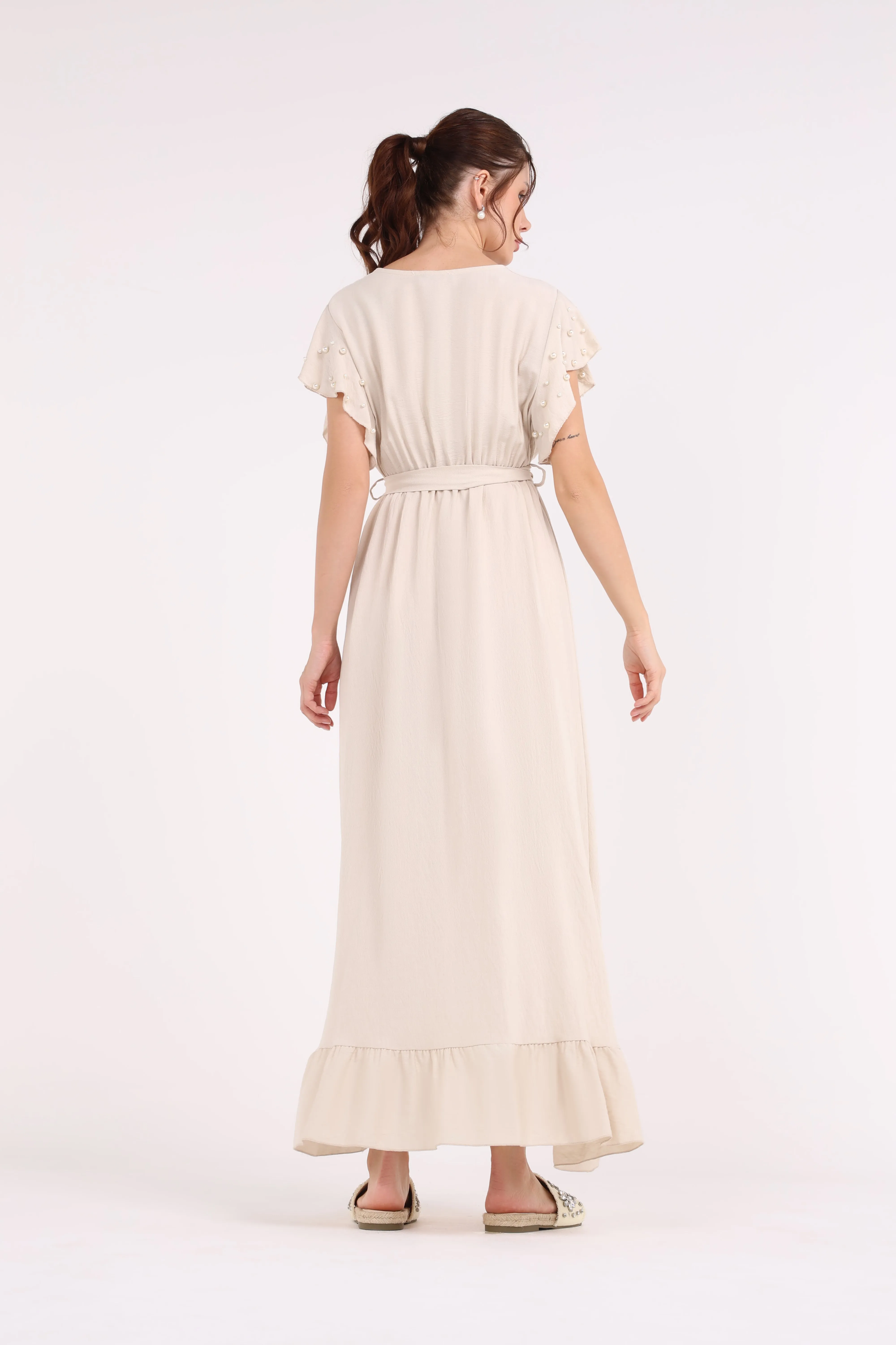 2454001-Ruffled Hems Maxi Solid Dress