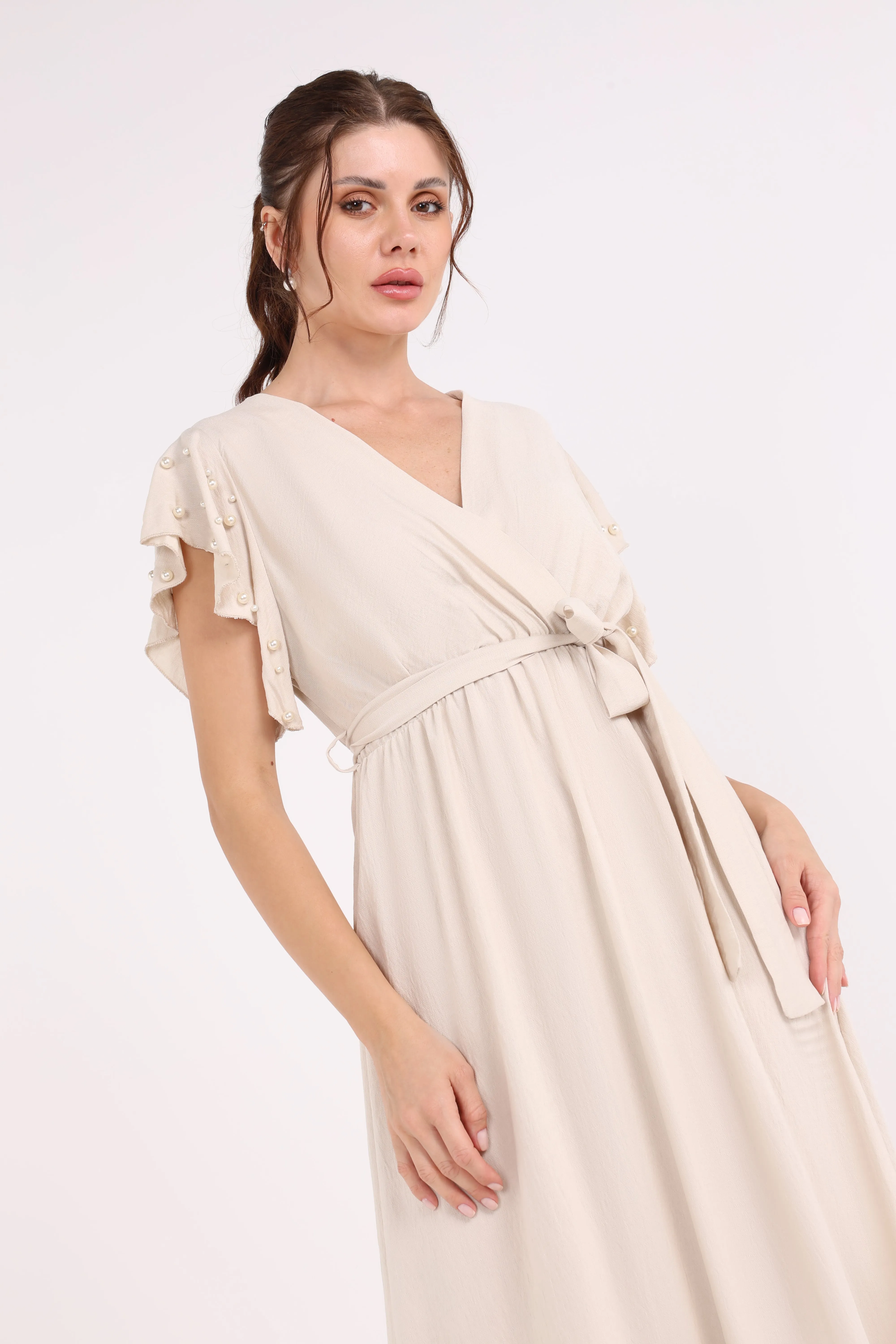 2454001-Ruffled Hems Maxi Solid Dress