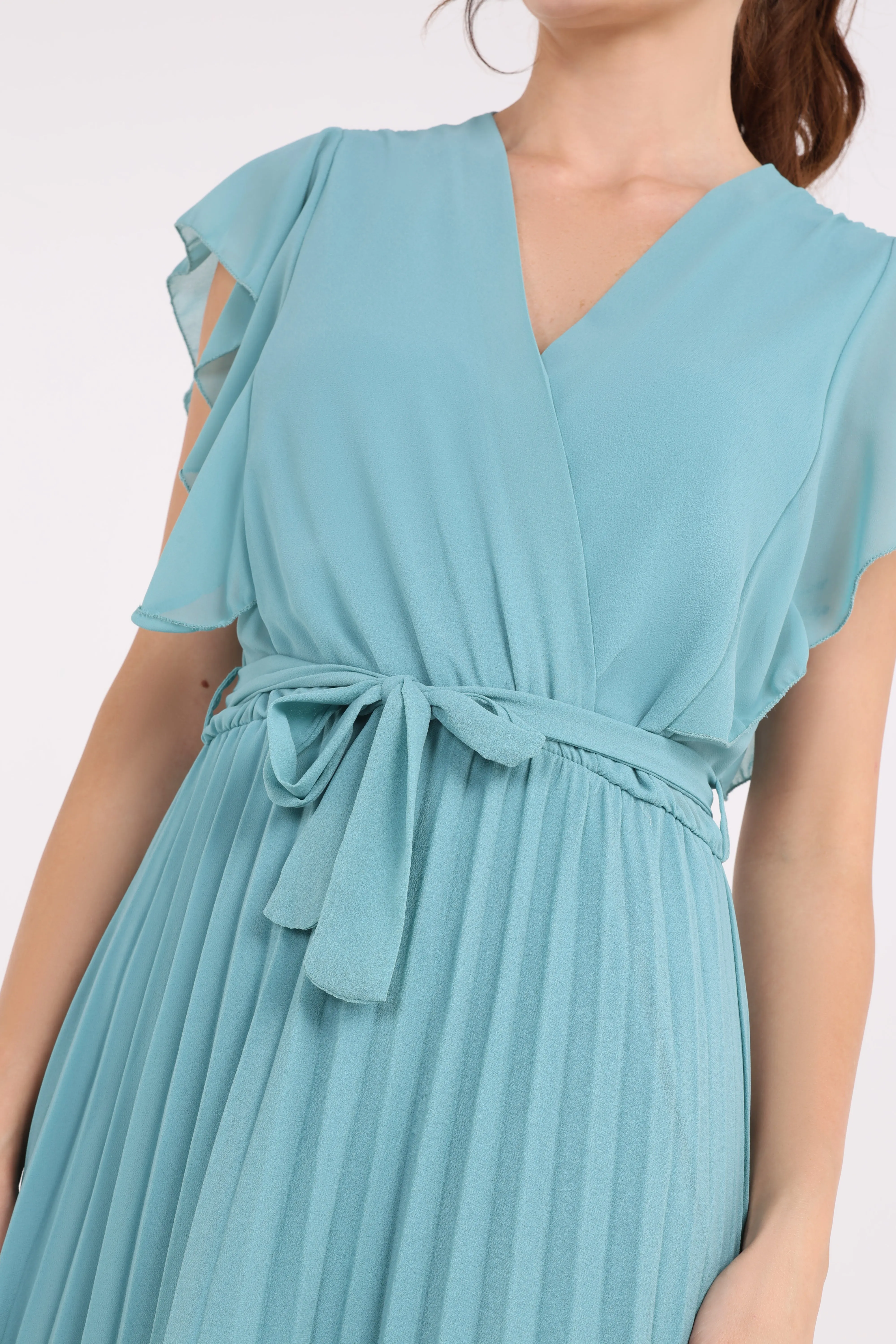 2454002-Ruffled Sleeved Pleated Maxi Solid Dress