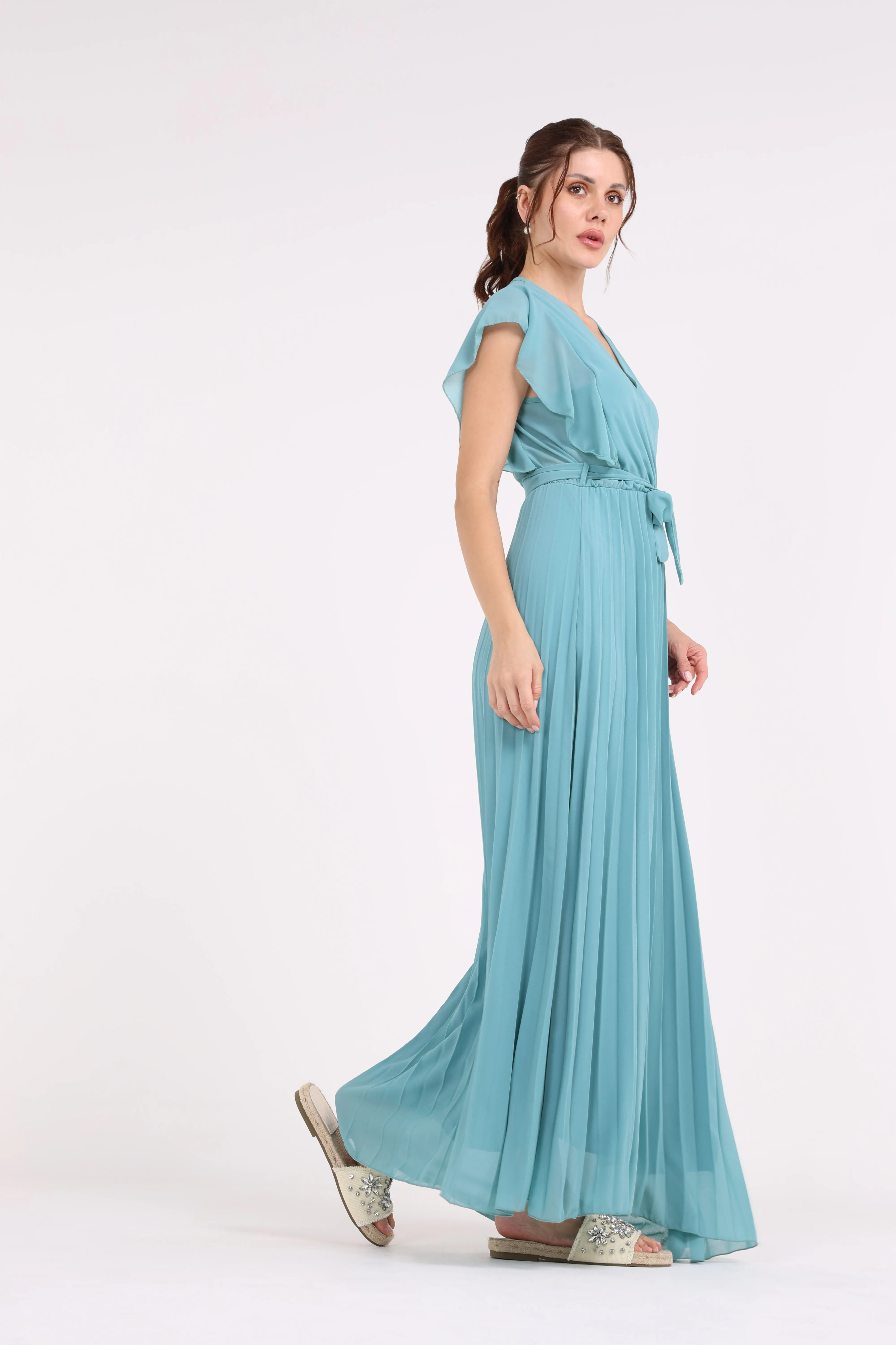 2454002-Ruffled Sleeved Pleated Maxi Solid Dress