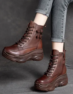 Double Buckles Lace up Retro Leather Platform Boots