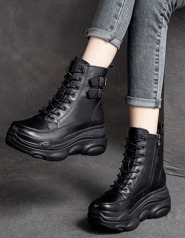 Double Buckles Lace up Retro Leather Platform Boots