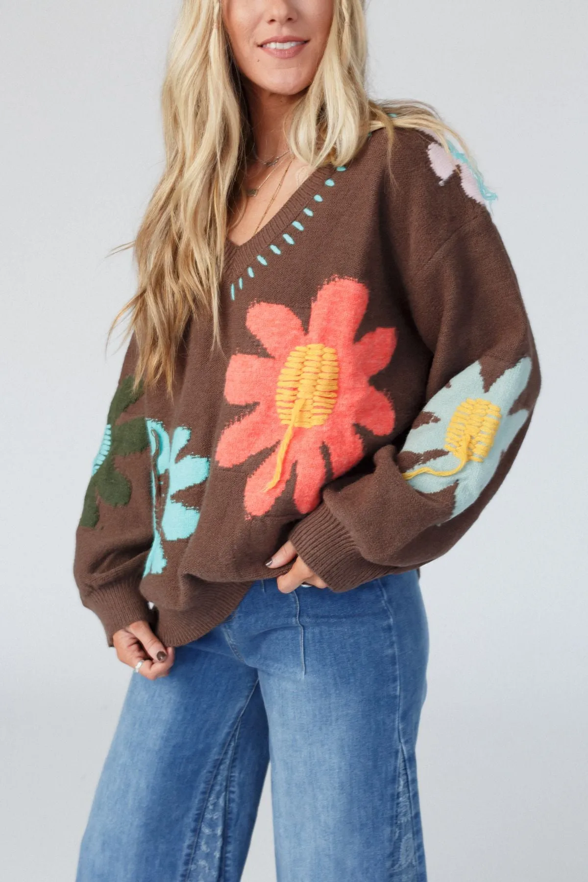 Good Mood Flower Print Sweater - Chocolate