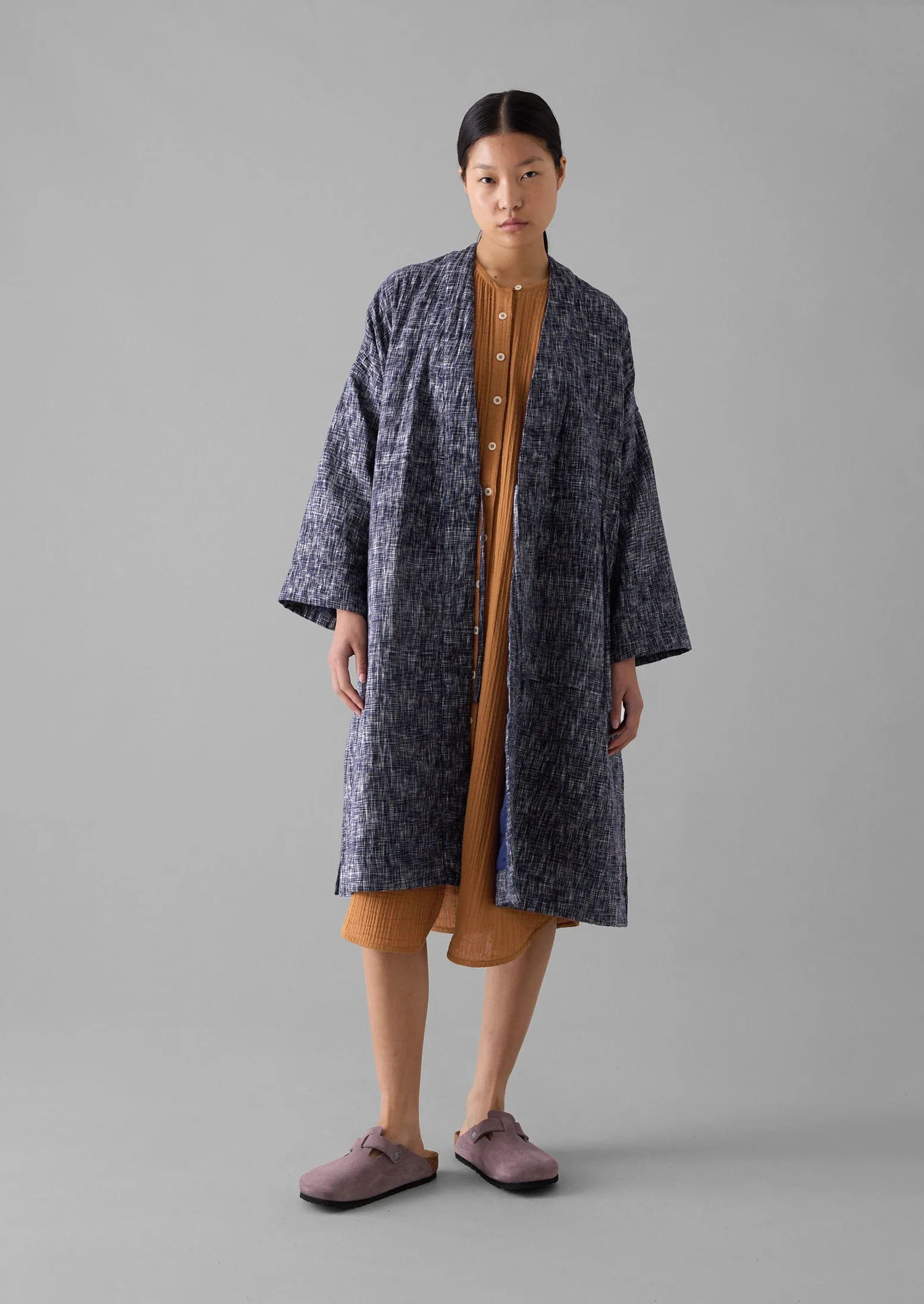 Hand Woven Crosshatch Kantha Gown | Deep Blue