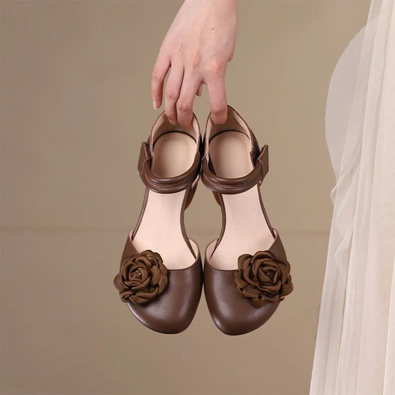 Handmade Leather Pumps Flower Sandals With Retro Block Heel in Green/Coffee/Beige