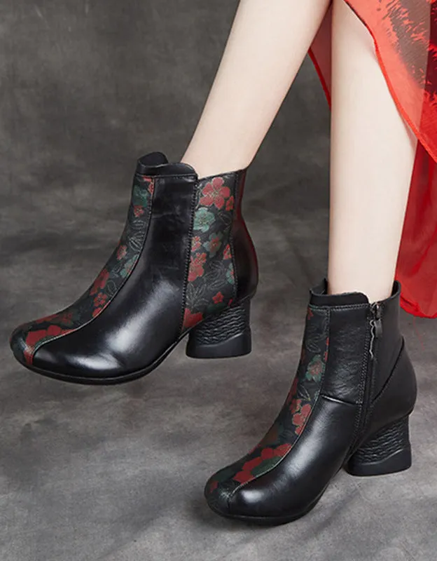 Retro Leather Flower Printing Chunky Boots