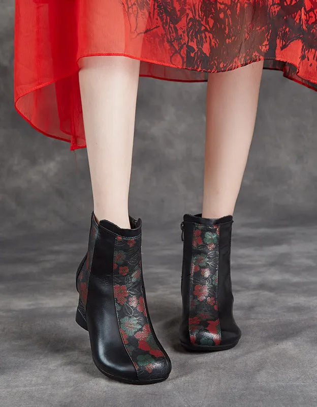 Retro Leather Flower Printing Chunky Boots