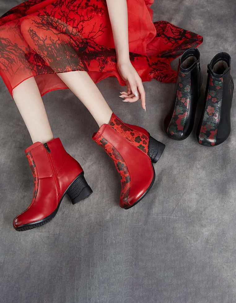 Retro Leather Flower Printing Chunky Boots