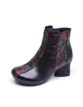 Retro Leather Flower Printing Chunky Boots