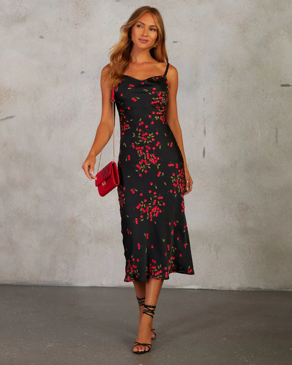 Right On Top Cherry Print Satin Midi Dress