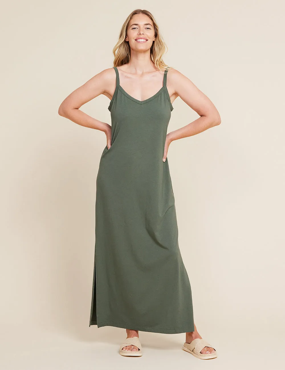 V-Neck Slip Dress - Moss